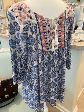 Lucky Brand Blue & White Embroidered Tassel Casual Dress